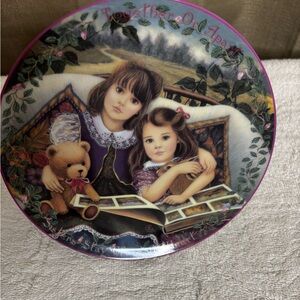 “Close at Heart” Decorative Plate with Sisters and Teddy Bear